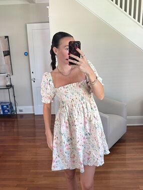 Abercrombie Floral Puff Sleeve Smocked Mini Dress - Cream with Pastel Florals